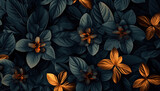 dark botanical backdrop with black leaves and golden accents