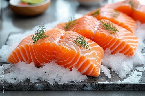Ice bedded raw salmon fillet, a pristine presentation for seafood enthusiasts photo