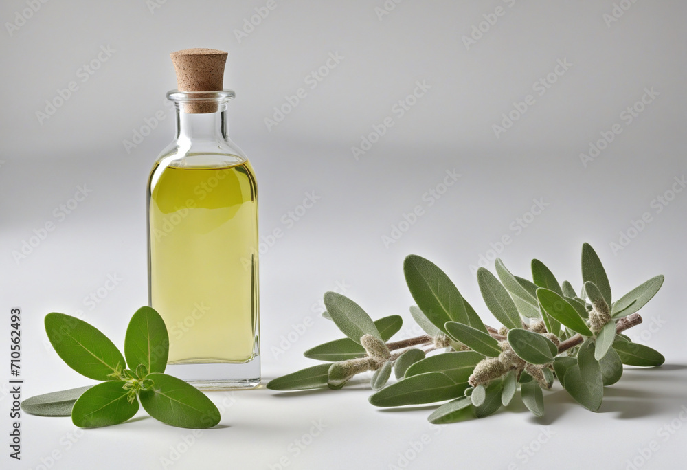 Homemade Sage Infused Oil in Glass Bottles with Green Leaves Homemade Sage Infused Oil in Glass Bottles with Green Leaves