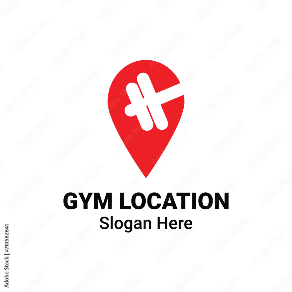 Fototapeta premium Dumbbell Fitness Zone Logo. GPS Tag Pin Point Icon Design Template Flat Vector. Gym Label Emblem With Location Shape Workout Bodybuilding Logo Concept. Location Map Pointer Gym Fitness Exercise Club.