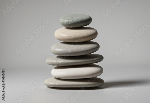 Zen balance meditation concept with pebbles stacked on a grey background