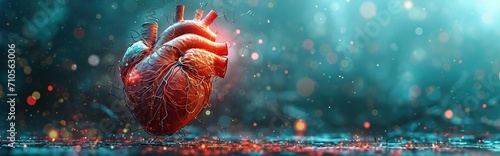 the image features a heart and different instruments, in the style of medical imaging film., light teal and dark red, artificial environments, miscellaneous academia, collaged elements, tilt-shift pho photo