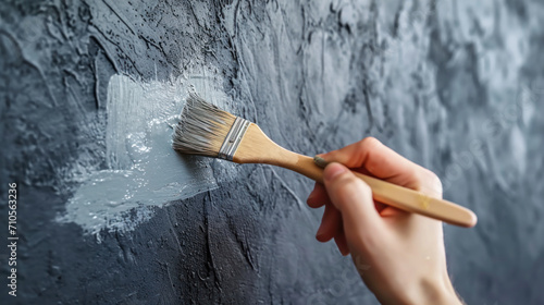 A painter paints on the surface of a wall with a brush. Apartment painting, renovation with gray paint.