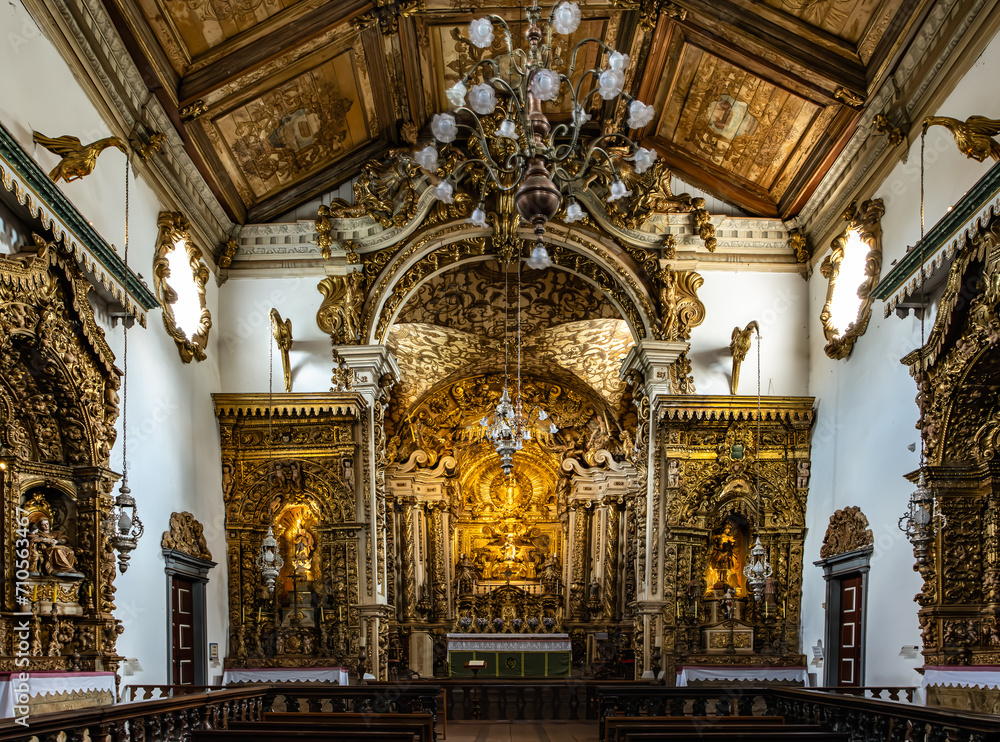 Golden covered interior of the Saint Anthony Parish Church located in Tiradentes, state of Minas Gerais, Brazil.
