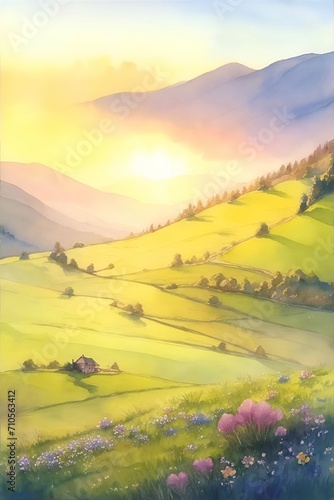 Spring meadow watercolor. AI generated illustration