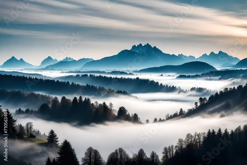 A serene morning scene of fog rolling over the Bavarian landscape, distant silhouettes of mountains.