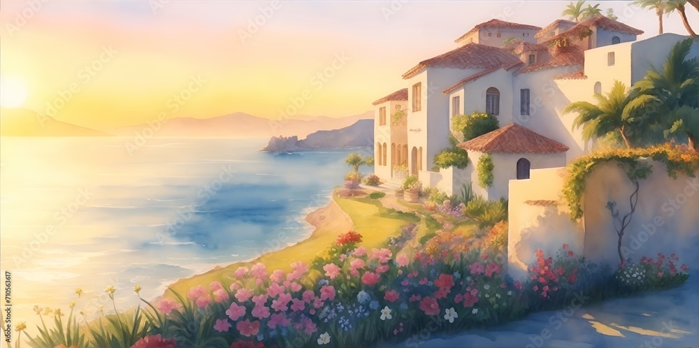 Obraz premium Mediterranean house landscape paint. AI generated illustration