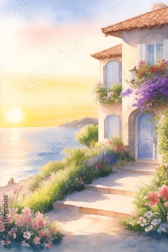 Mediterranean house landscape paint. AI generated illustration