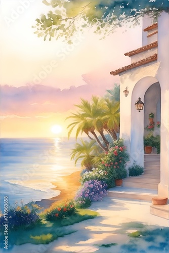 Mediterranean house landscape paint. AI generated illustration © vector_master