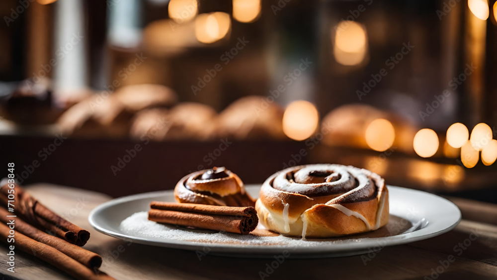 Naklejka premium Cinnamon Roll On A twinkling Background, Delicious ready-to-eat baked goods, Cappuccino Coffee Roll Up 