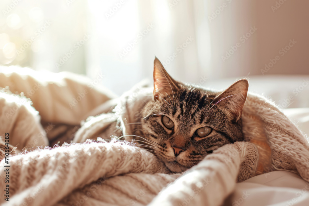 Cute kitten rests on soft blanket. Cat among a knitted fabric blanket. Generative AI Cute kitten rests on soft blanket. Cat among a knitted fabric blanket. Generative AI