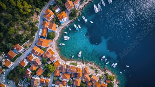 Fototapeta Naklejka Na Ścianę i Meble -  Aerial View of a Seaside Village: picturesque layout of a seaside village from above, small boats docked by the shore, vibrant rooftops, and empty winding streets