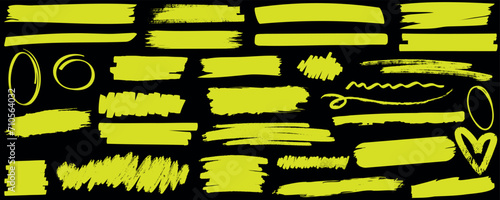 Highlighter, Neon yellow highlighter marks, Vibrant strokes, scribbles, checkmark for emphasis, editing, design. Eye-catching visuals for graphic design, art supplies, office stationery
