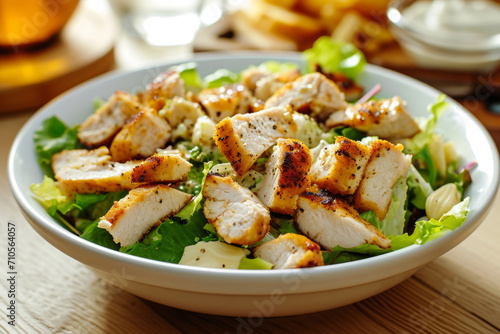 Classic delicious salad with croutons, grilled chicken breast, cheese and lettuce with sauce. Generative AI