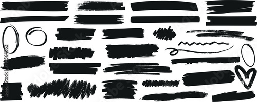 Hand-drawn black brush strokes, scribbles, shapes , Ideal for design elements, backgrounds, textures. Includes bold lines, delicate strokes, straight, wavy, zigzagged lines, circular, heart shapes