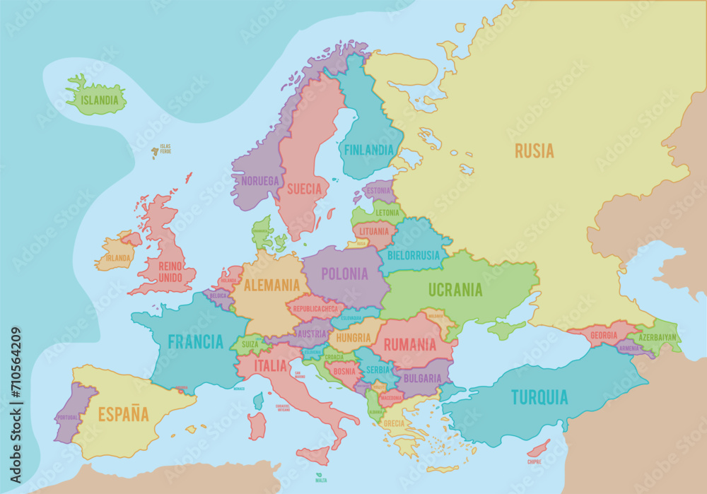 Fototapeta premium Political map of Europe with colors and borders for each country and names in Spanish. Vector illustration.