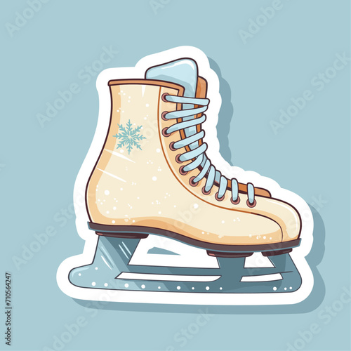 Pair of white Ice skates. Figure skates with snowflakes. Women's ice skates. Texture of ice surface. Vector illustration sticker isolated on white background 