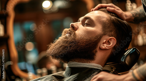 Close-up of a man in a barbershop cutting his beard. A hairdresser cuts a beard in a hairdressing salon. Beauty concept, care. Lifestyle.
