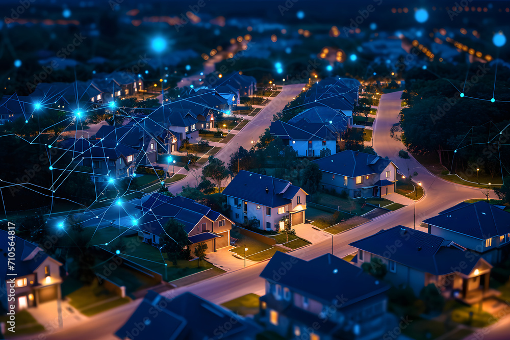 Energetisch vernetzter Wohnort: Nachtansicht einer Stadt mit Knotenpunkten der Energieverbindung Energetisch vernetzter Wohnort: Nachtansicht einer Stadt mit Knotenpunkten der Energieverbindung