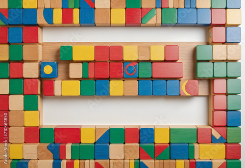 Vibrant wooden blocks arranged in a square on a white background. Top-down view.
