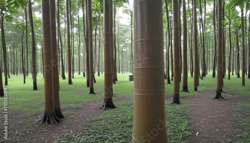 Collecting Natural Latex from Rubber Trees, Harvesting Latex in Plastic Cups from Hevea Brasiliensis Trees. photo