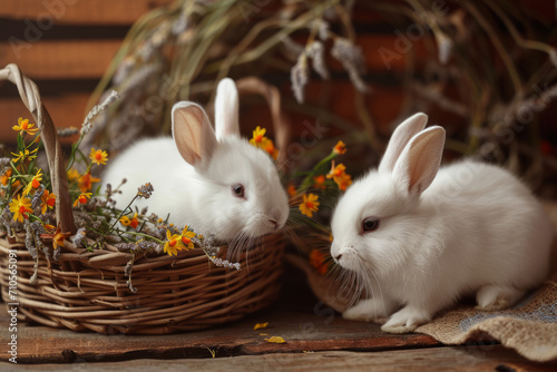 Two white rabbits sitting in a basket on wooden table with flowers. Easter card. Generative AI
