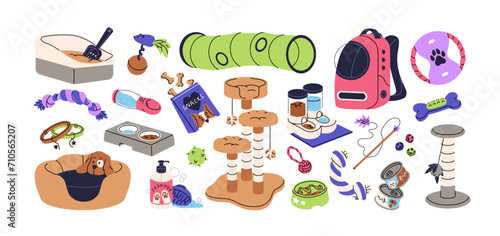 Domestic animals accessories set. Different pet shop goods. Toys, canine food, carrier, cat tray, bowls, scratching post. Vet store products. Flat isolated vector illustration on white background