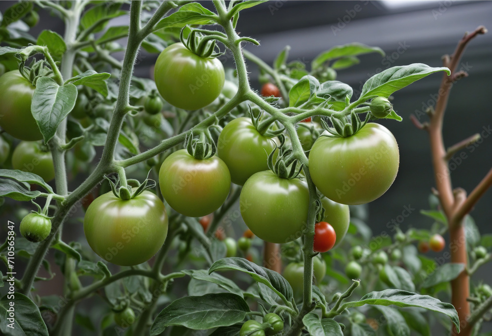 Growing Tomato Plant with Early Harvest of Green Unripe Tomatoes in the Garden