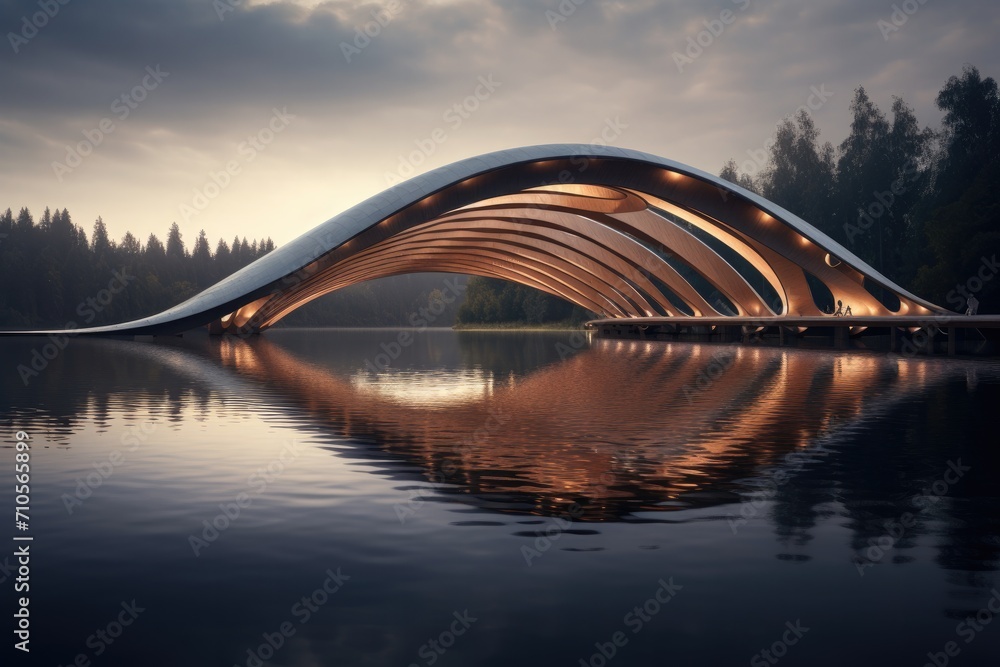 Fototapeta premium Bridge over the lake with reflection in the water at sunset. 3d render