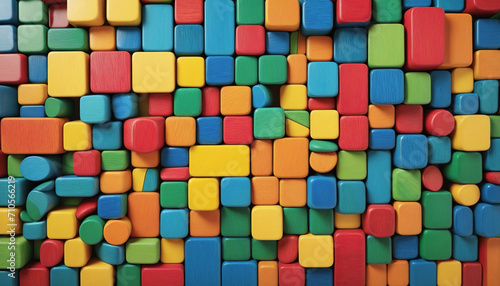 Colorful array of wooden blocks on white backdrop. Colorful cube spectrum. Color scheme display  vivid color concept. Wooden block arrangement in various hues.