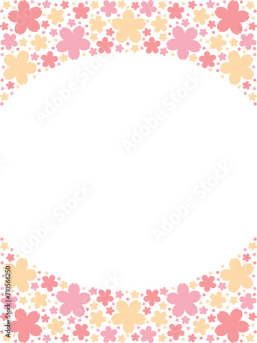 桜シルエットで上下が埋め尽くされた楕円フレームの縦イラスト（ピンク・黄色・赤）