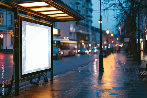 Blank advertising poster mockup template on an empty bus stop by the road. photo