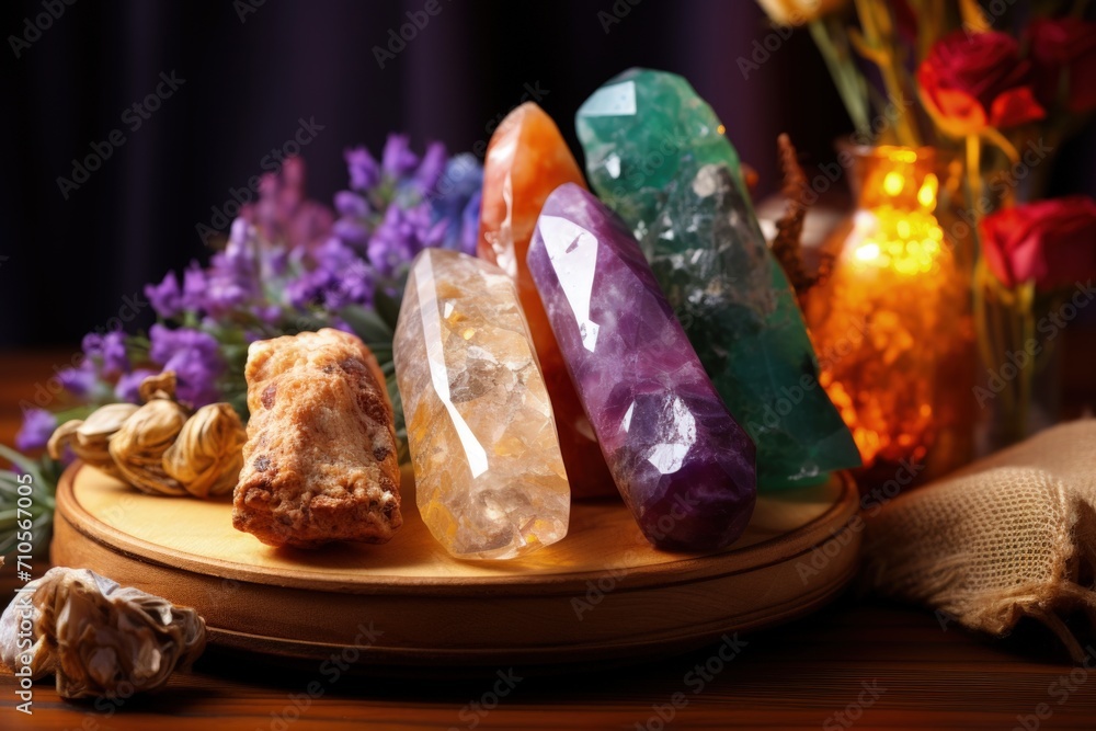 Gemstones palo santo and floral bundles for spiritual practice and healing.