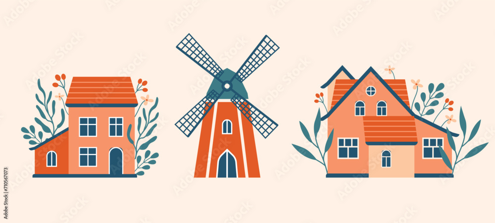 Set of village buildings, houses, windmill. Cottagecore arhitecture. Slow life, life on farm. Cute vector colorful buildings in hand drawn flat style. With botany elements, flowers, plants, berries. - obrazy, fototapety, plakaty 