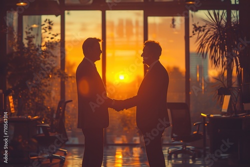two men shaking hands in an office, in the style of sigma 105mm f/1.4 dg hsm art, transfer, subtle, smilecore, commission for photo