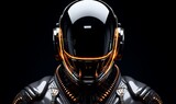 Futuristic astronaut fashion, symetrical, front view, an astronaut with a metal chrome space suit, epic, cinematic, vibrant, luminous, photography, detail, black background. Generative Ai

