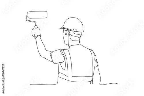 Continuous one line drawing carpenter is painting the walls. Construction worker in uniform and helmet doing work. Builder concept. Repair work services. Single line draw design.