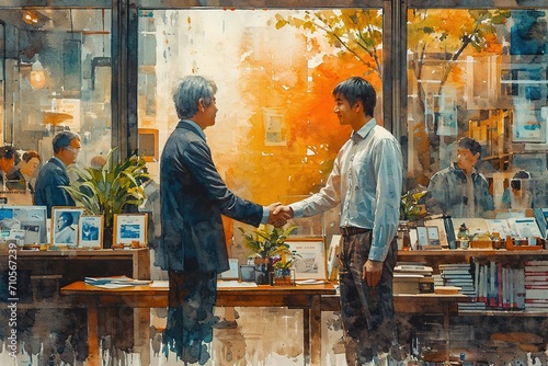 two men shaking hands in an office, in the style of sigma 105mm f/1.4 dg hsm art, transfer, subtle, smilecore, commission for photo