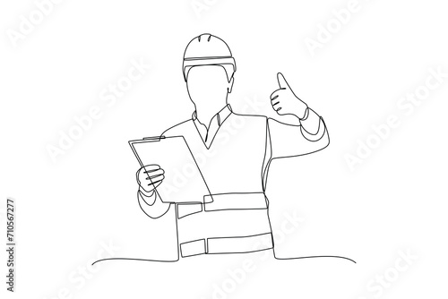 Continuous one line drawing The boss is checking project work. Construction worker in uniform and helmet doing work. Builder concept. Repair work services. Single line draw design.