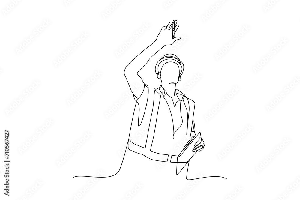 Continuous one line drawing the supervisor is giving directions. Construction worker in uniform and helmet doing work. Builder concept. Repair work services. Single line draw design vector illustratio Continuous one line drawing the supervisor is giving directions. Construction worker in uniform and helmet doing work. Builder concept. Repair work services. Single line draw design vector illustratio