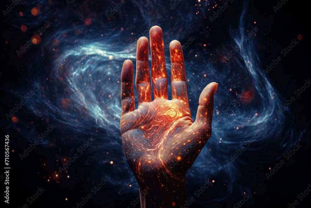Cosmic patterns and peace in painted hand signify enlightenment. Cosmic patterns and peace in painted hand signify enlightenment.