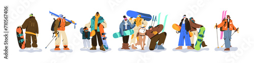 People in ski equipment set. Professional snowboard riders with kid, dog. Holidays in mountains, snow resort. Extreme winter sport, active hobby. Flat isolated vector illustration on white background