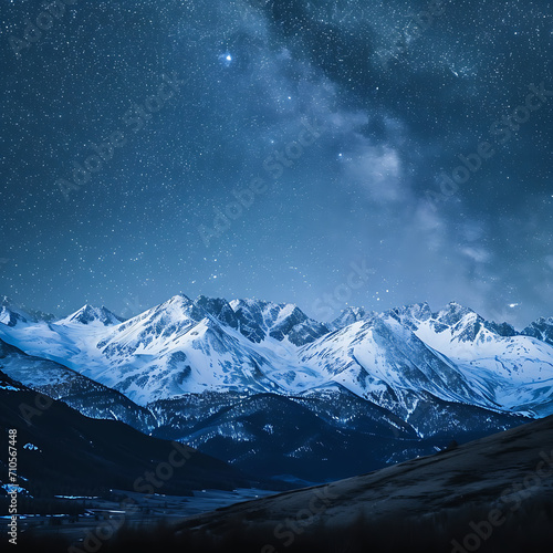 A serene landscape of snowcapped mountains under a vast starry sky creates a captivating tranquil scene