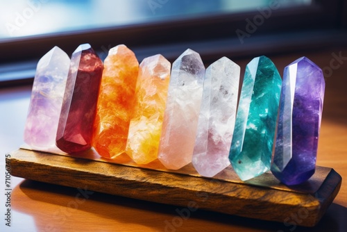 Chakra crystals charging on selenite wand. photo