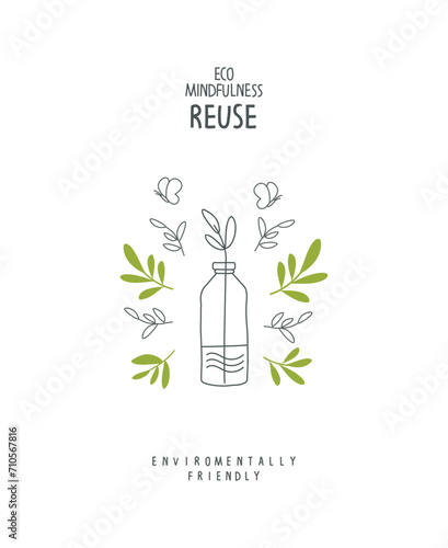 Vector Hand drawn cartoon sketch of reuse plastic bottle. Sustainable lifestyle. Plastic free ecological poster. Zero waste Concept.

