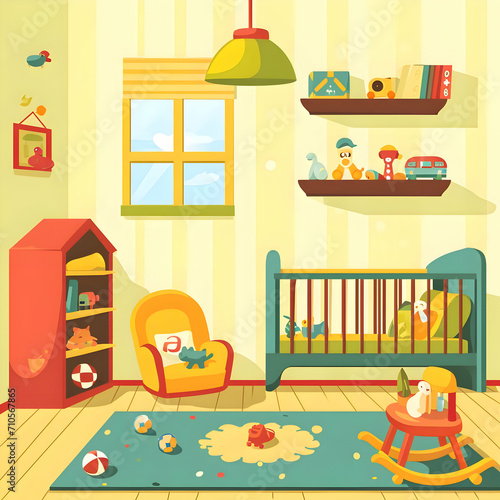 Flat illustration of cozy child room for baby. Yellow baby room interior. High-resolution