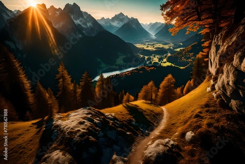 The golden glow of sunset casting long shadows over the serene landscapes of Berchtesgaden National Park.