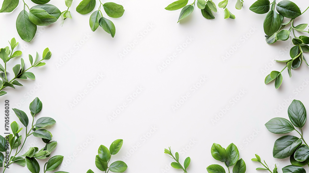 Green Leaf Border on White, Fresh Foliage Frame, Natural Leaves Background, green leaves frame, Copyspace for text, Valentine's Day
