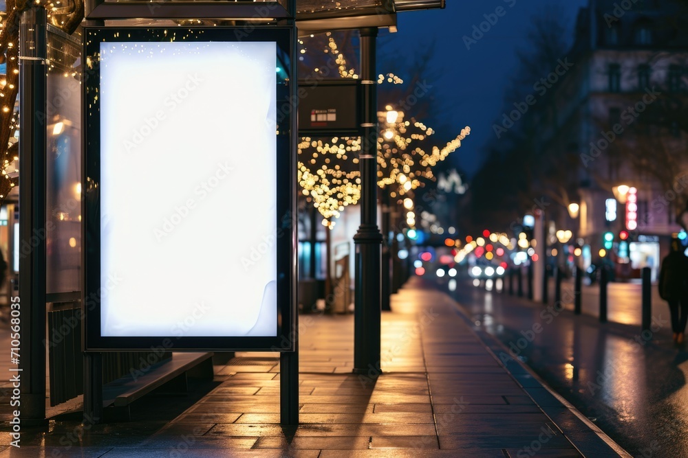 Blank advertising poster mockup template on an empty bus stop by the road. - obrazy, fototapety, plakaty 