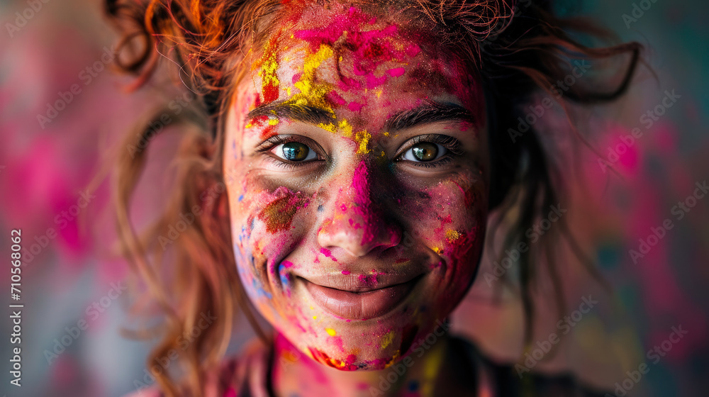 A Playful Holi portrait of a young woman: Vibrant Colors and Smiles
